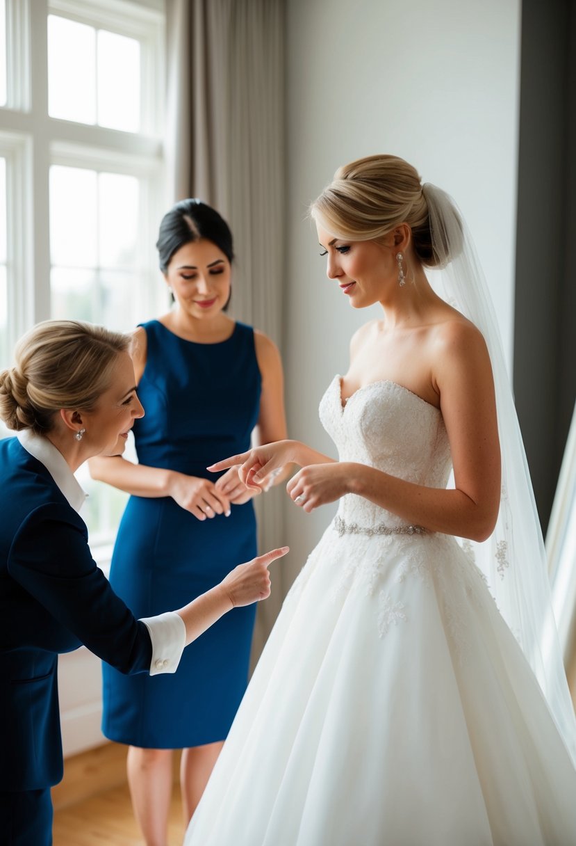 A bride discussing wedding dress fitting with a tailor, pointing to different areas of the dress for adjustments