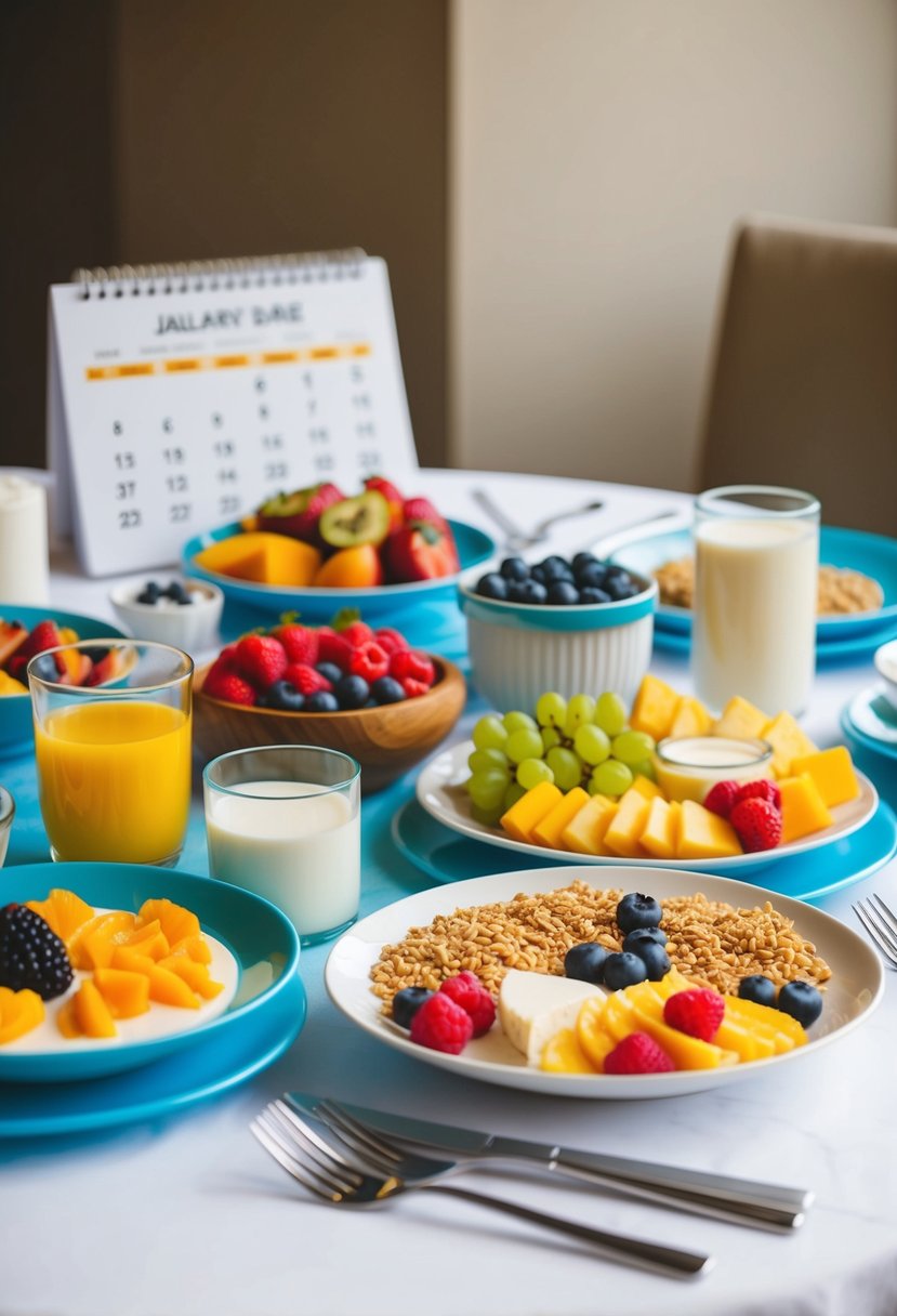 A table set with a colorful and nutritious breakfast spread, including fruits, whole grains, and dairy products. A calendar marked with the wedding date is visible in the background