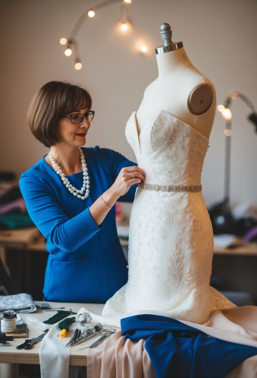 A seamstress pinning and adjusting a wedding dress on a mannequin. Fabrics and tools scattered on a work table