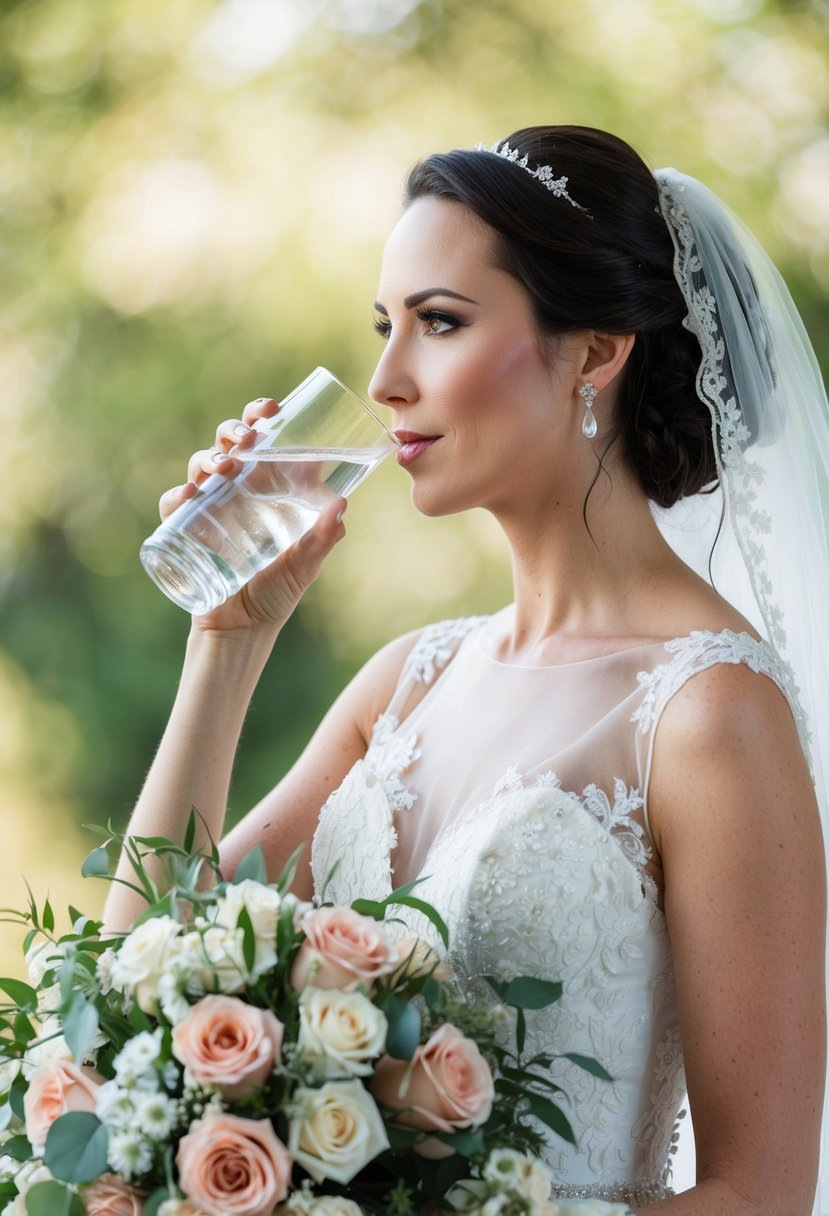 A bride sipping on a glass of water while surrounded by a bouquet of flowers and a calming, serene atmosphere