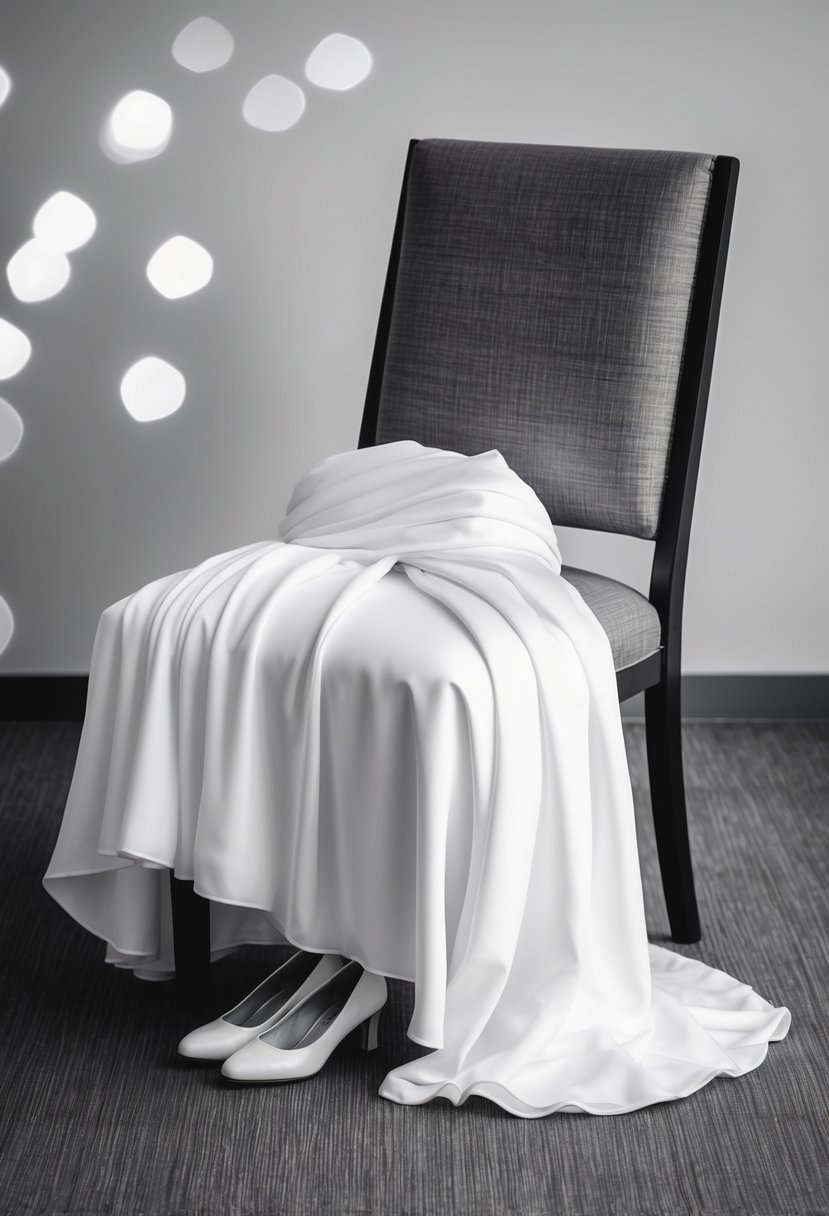 A wedding dress draped over a chair, with a pair of shoes placed neatly beside it. The fabric of the dress cascades gracefully over the seat, creating a sense of movement