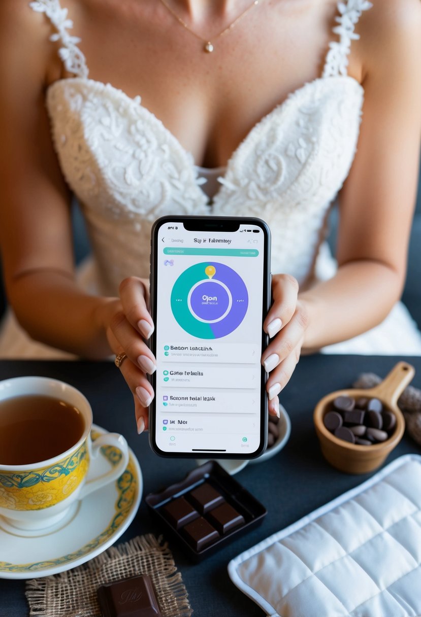 A bride in a white wedding dress holding a smartphone with a period tracking app open, surrounded by calming items like tea, chocolate, and a heating pad