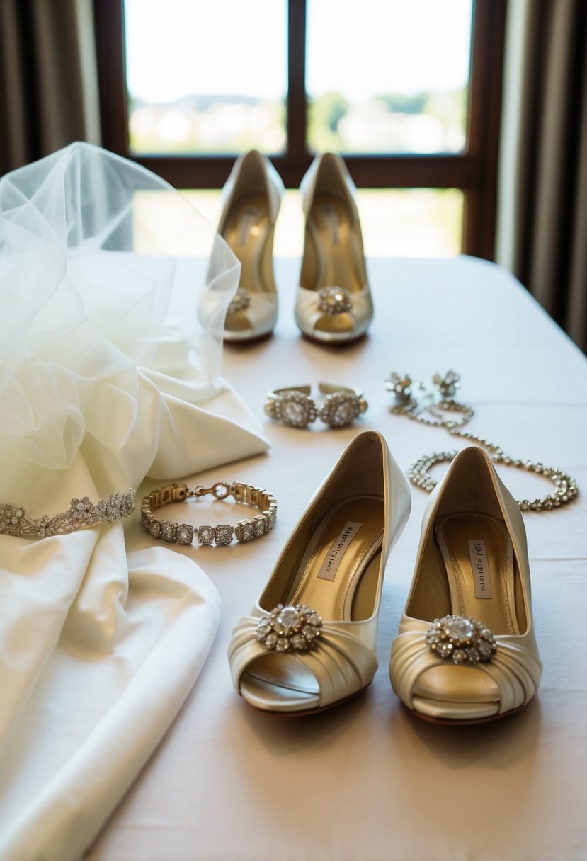 A wedding dress, veil, shoes, and jewelry arranged on a table for a fitting