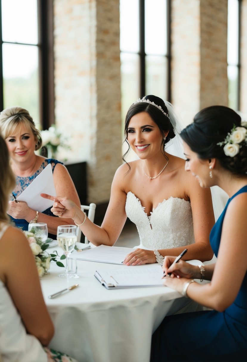 A bride sits at a table, calmly delegating tasks to others. A wedding planner takes notes as the bride gestures and smiles