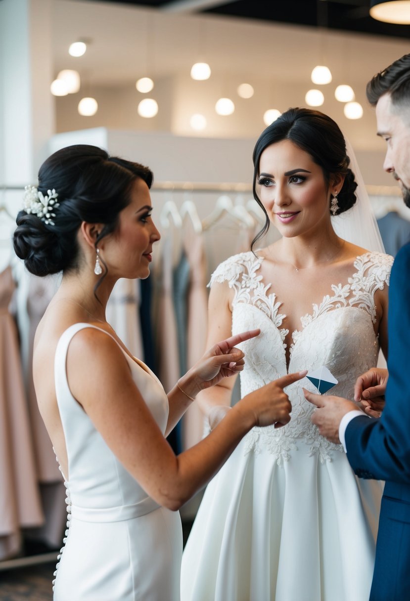 A bride discusses custom changes with her tailor for her wedding dress fitting, pointing to different fabric swatches and design details