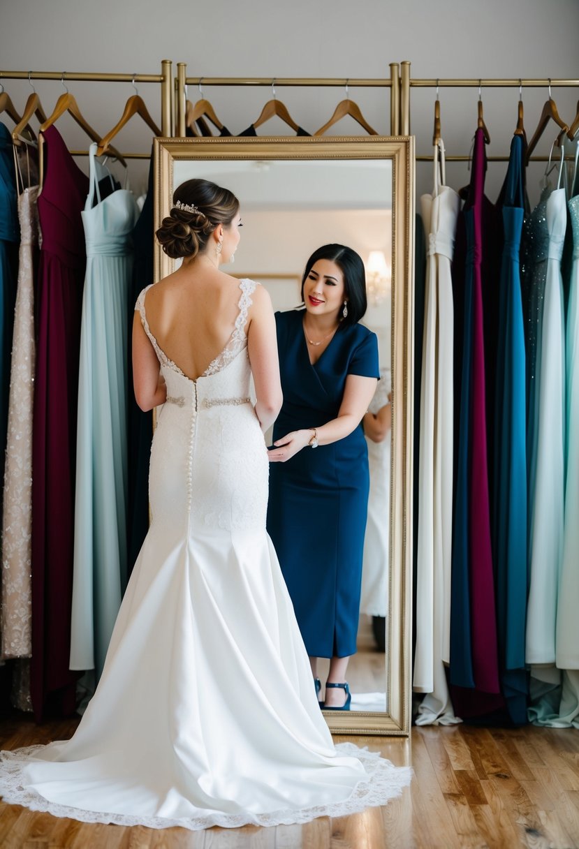 A bride standing in front of a full-length mirror, surrounded by racks of wedding dresses. A tailor is adjusting the fit of a gown while offering calming advice