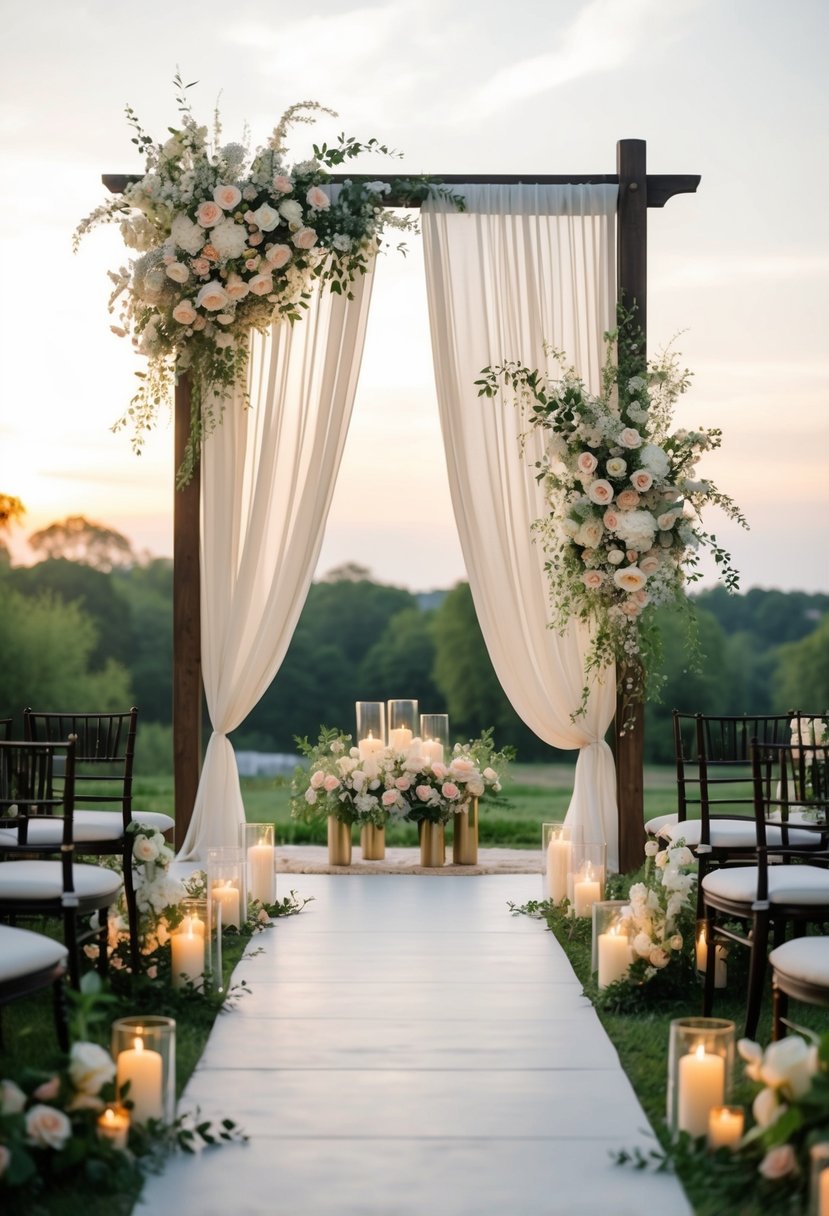 A beautiful outdoor wedding setting with elegant floral arrangements, flowing fabric drapes, and soft candlelight creating a romantic atmosphere