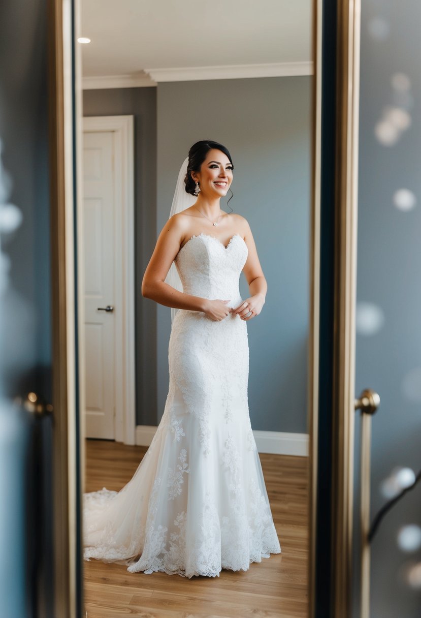 A bride stands in front of a full-length mirror, adjusting her wedding dress with a satisfied smile