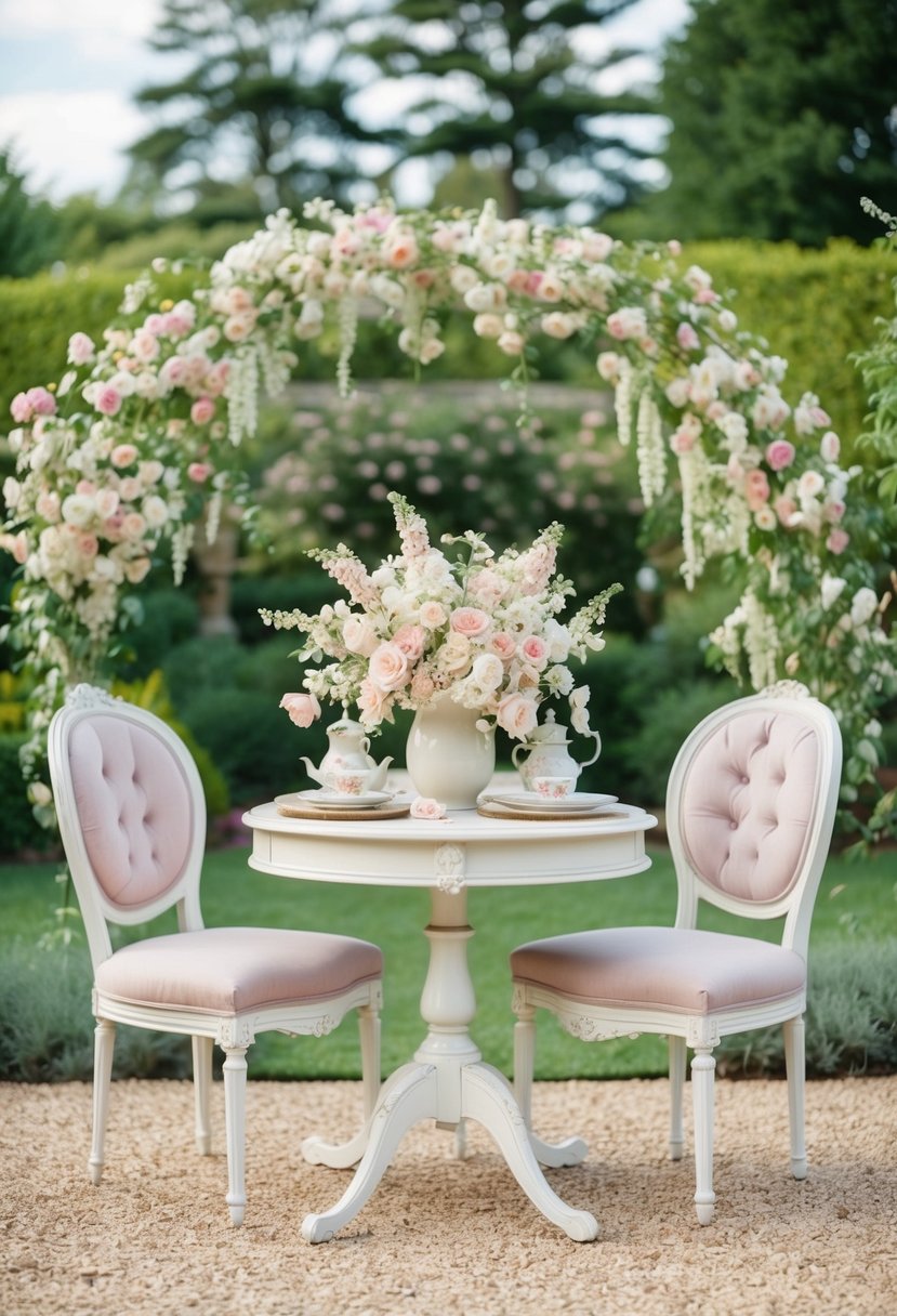 A romantic garden setting with soft pastel colors, vintage furniture, and delicate floral arrangements