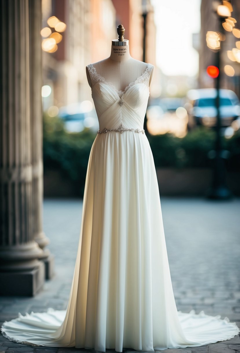 A classic, floor-length wedding dress on a vintage mannequin