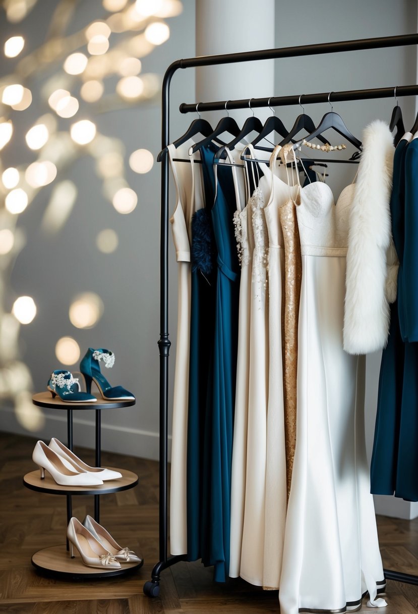 A rack of clothing with wedding attire, including a mix of classic and trendy pieces. Accessories and shoes are displayed nearby for styling options