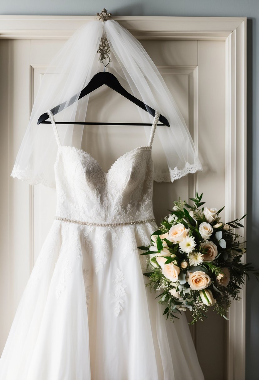 A bride's elegant wedding dress hanging on a decorative hanger, surrounded by a soft veil, delicate jewelry, and a bouquet of fresh flowers