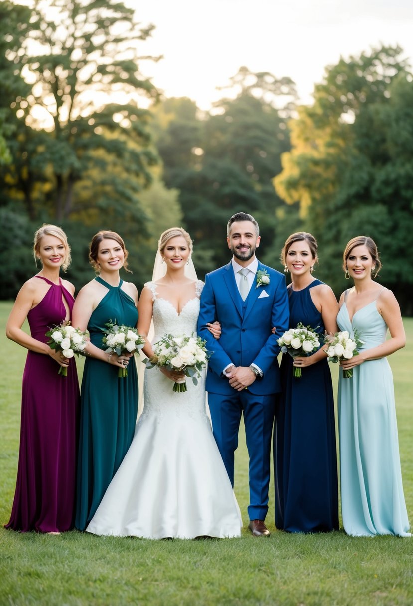 A group of wedding party members standing together, coordinating their outfits and accessories to match the wedding theme