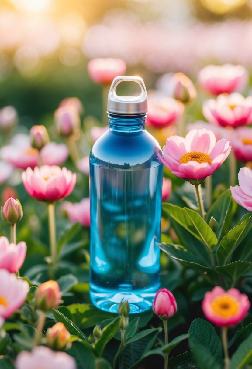 A crystal-clear water bottle surrounded by blooming flowers and glowing skin