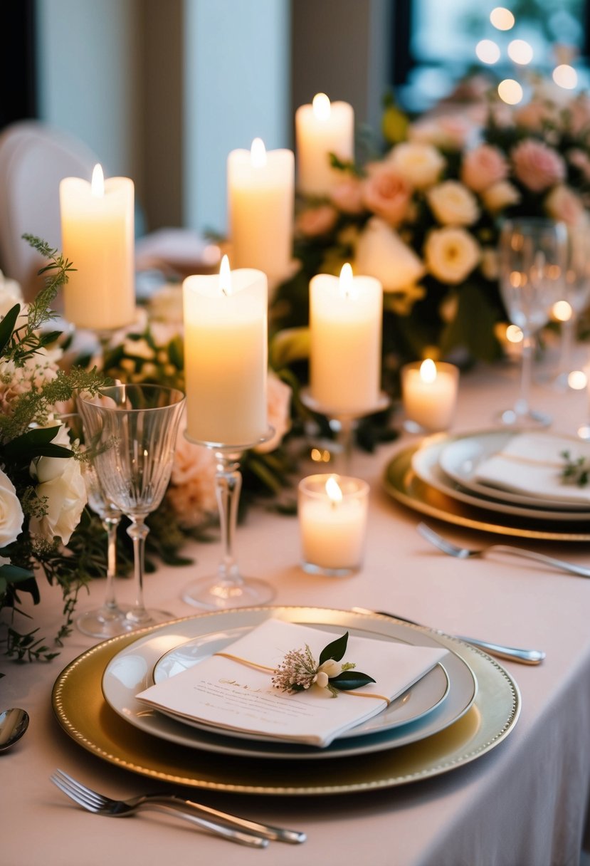 Soft candlelight illuminates a romantic table setting with elegant floral arrangements and delicate place settings, creating a warm and inviting ambiance for a wedding celebration