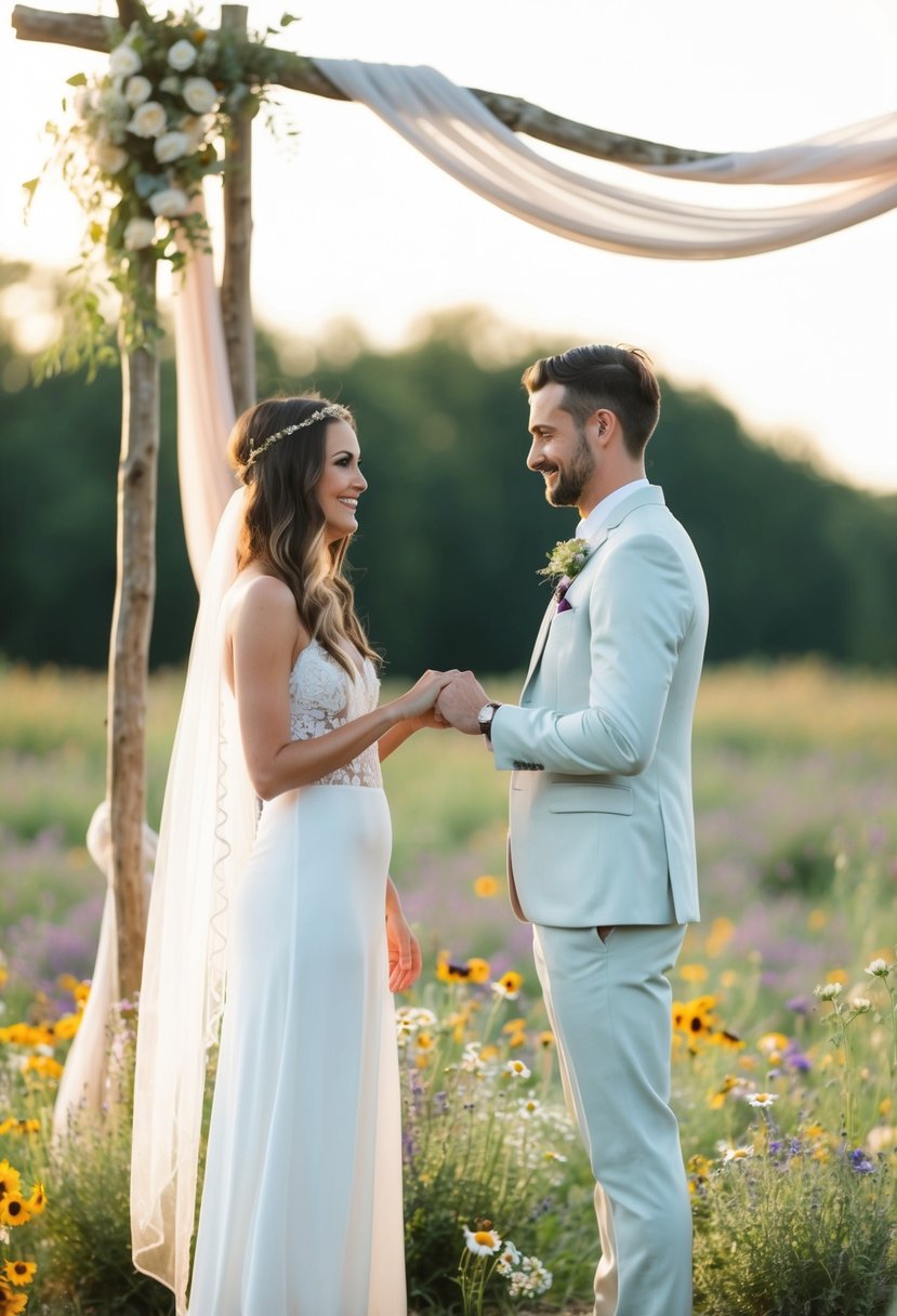 A bride and groom exchanging vows in a bohemian outdoor ceremony, surrounded by wildflowers and draped fabric