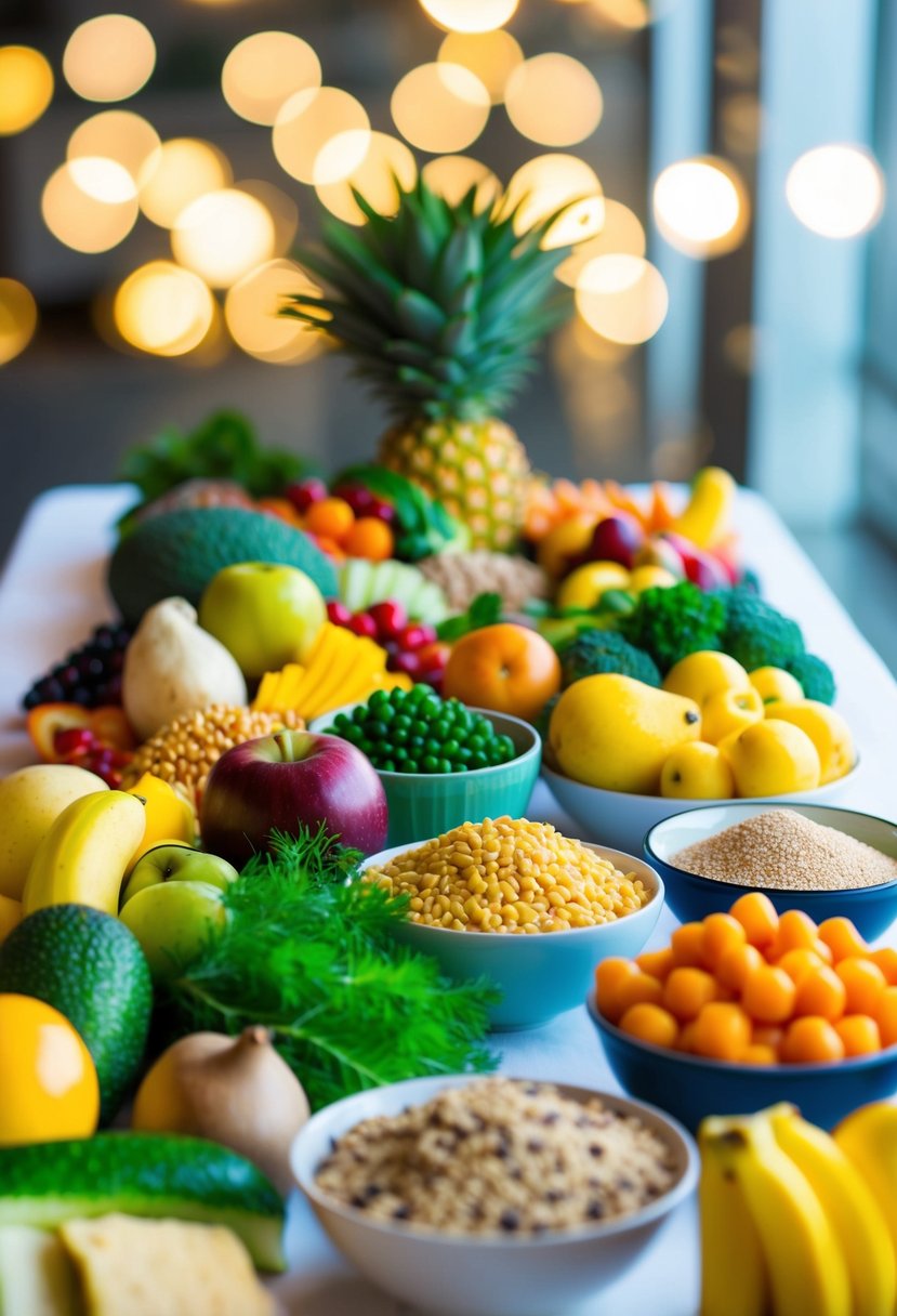 A colorful array of fruits, vegetables, grains, and proteins arranged on a table, with a soft glow emanating from the fresh, healthy foods