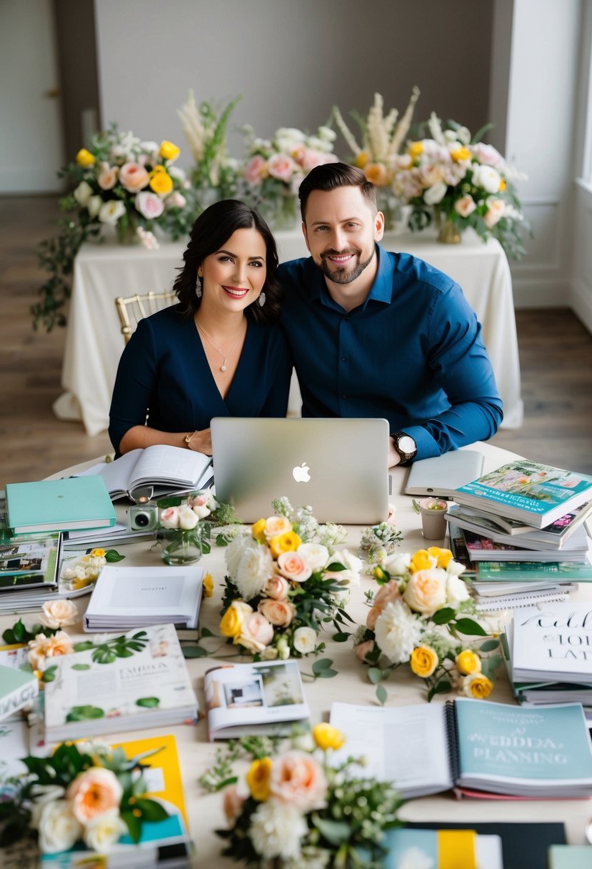 A couple sitting at a table covered in wedding planning books, magazines, and a laptop, surrounded by flowers and a variety of decor options