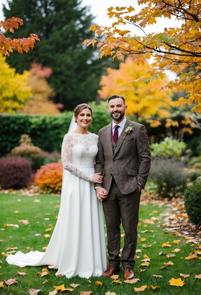 A bride and groom stand in a garden, surrounded by colorful autumn leaves. The bride wears a long-sleeved lace gown, while the groom dons a tweed suit and burgundy tie