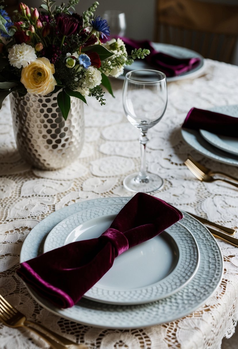 A table set with a lace tablecloth, textured ceramic plates, and velvet napkins. A bouquet of mixed flowers in a hammered metal vase adds depth