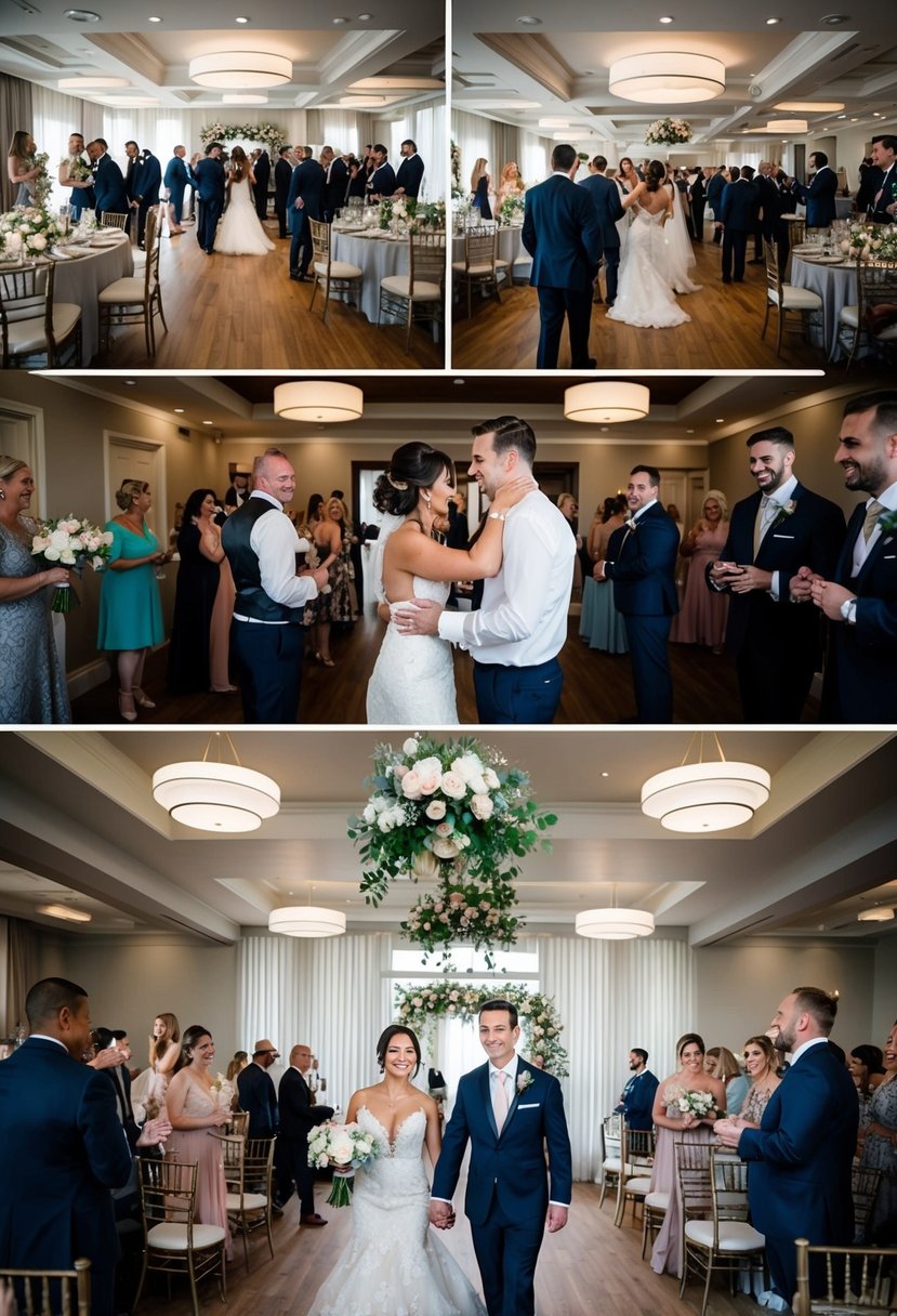 A bustling wedding venue with vendors setting up, guests arriving, and the couple getting ready in separate rooms. Flowers, decorations, and a sense of excitement fill the air