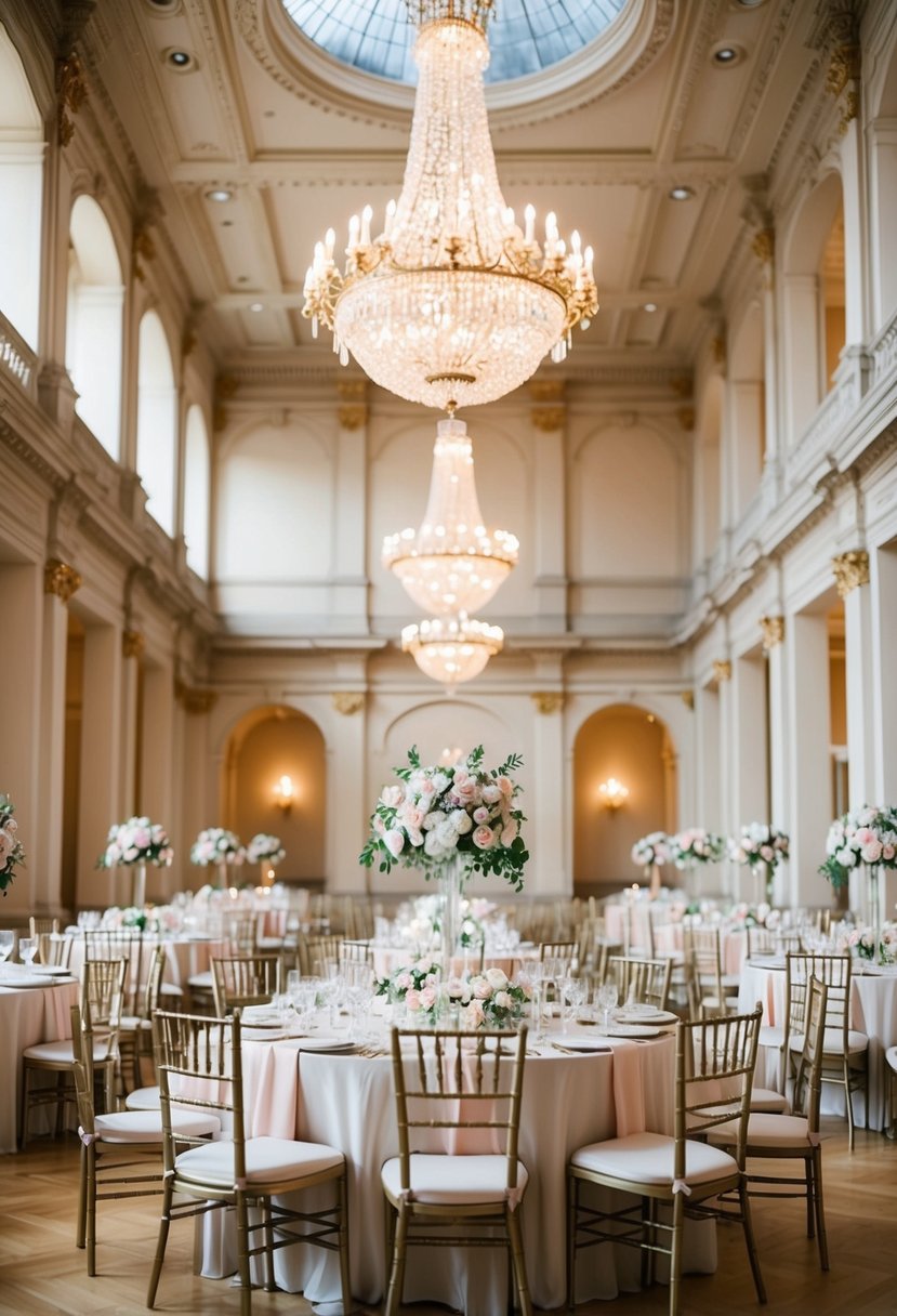 A grand ballroom with high ceilings, chandeliers, and ornate moldings. Tables adorned with elegant floral centerpieces and delicate linens. A color scheme of soft pastels and gold accents