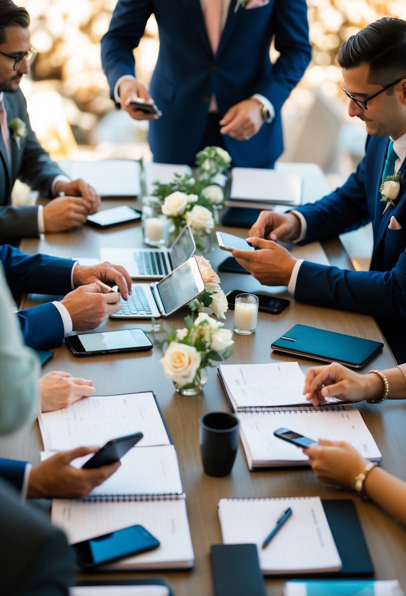 Vendors gathered around a table, checking schedules and details for the wedding. Phones and notebooks scattered across the surface