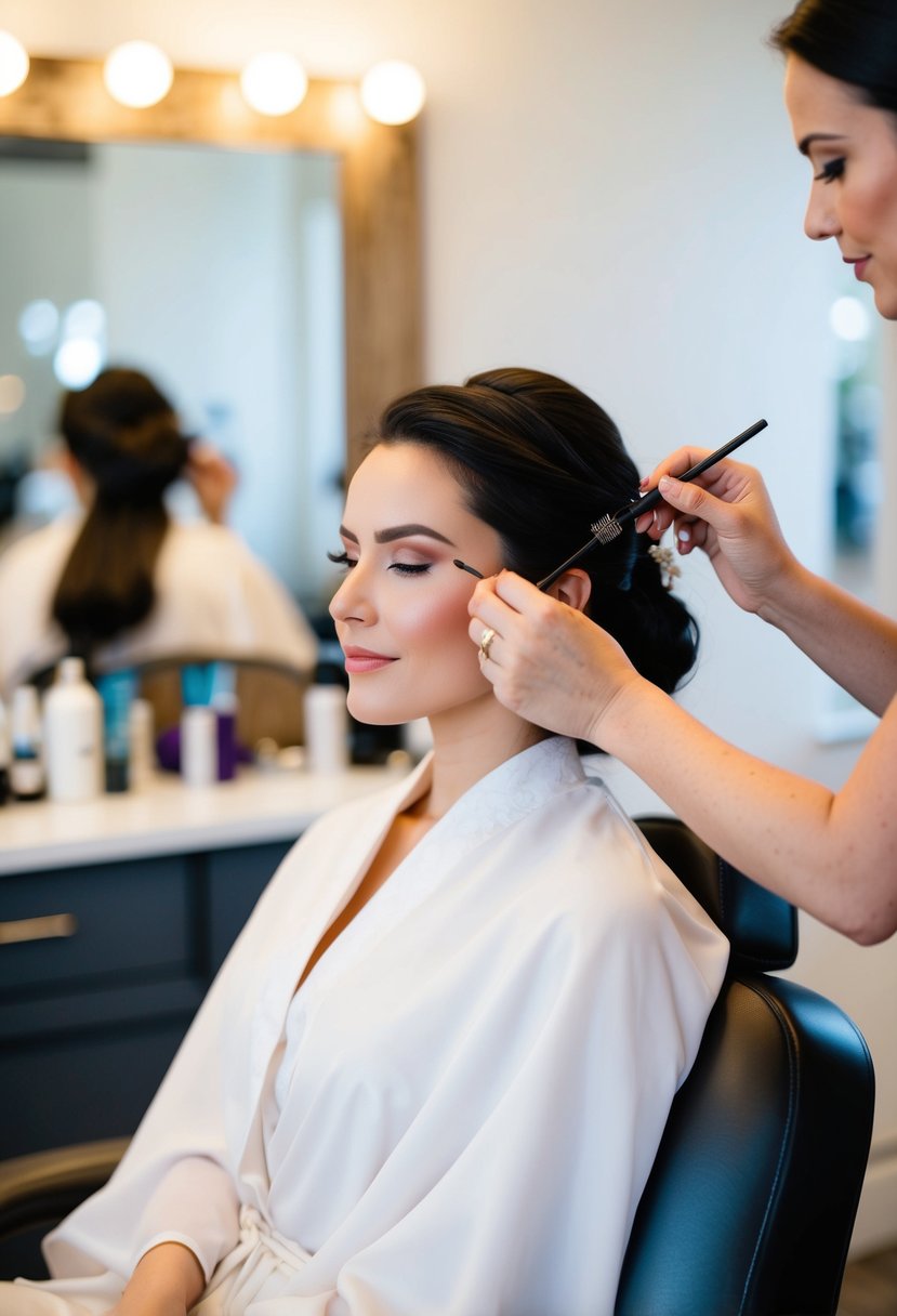 A serene bride sits in a cozy salon chair, while a skilled esthetician shapes her eyebrows with precision and care