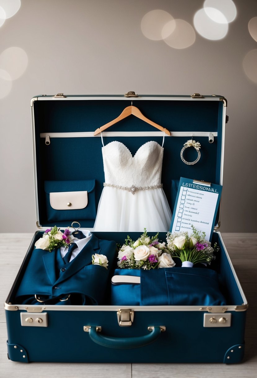 An open suitcase filled with a wedding dress, suit, rings, flowers, and a checklist of last-minute essentials