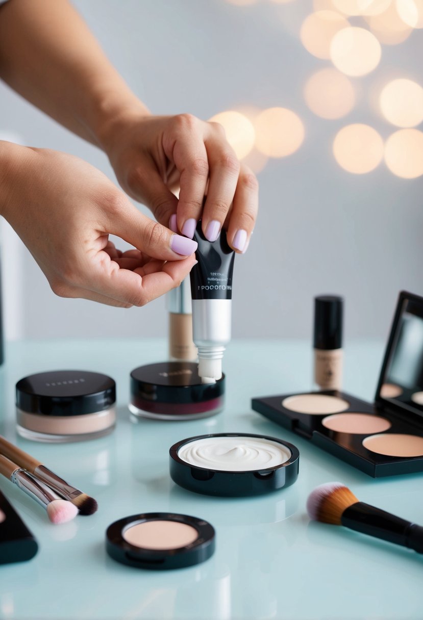 A close-up of a makeup artist's hand applying primer to a clean, smooth surface, with various makeup products neatly arranged nearby