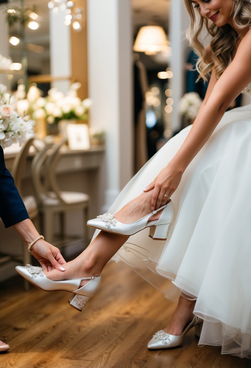 A bride tries on elegant yet comfortable wedding shoes in a cozy, well-lit boutique