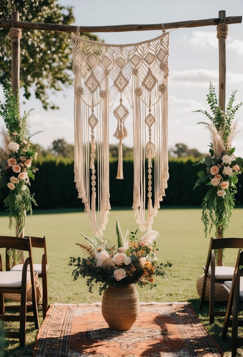 An outdoor wedding setting with bohemian decor, featuring hanging macrame, vintage rugs, and cascading floral arrangements