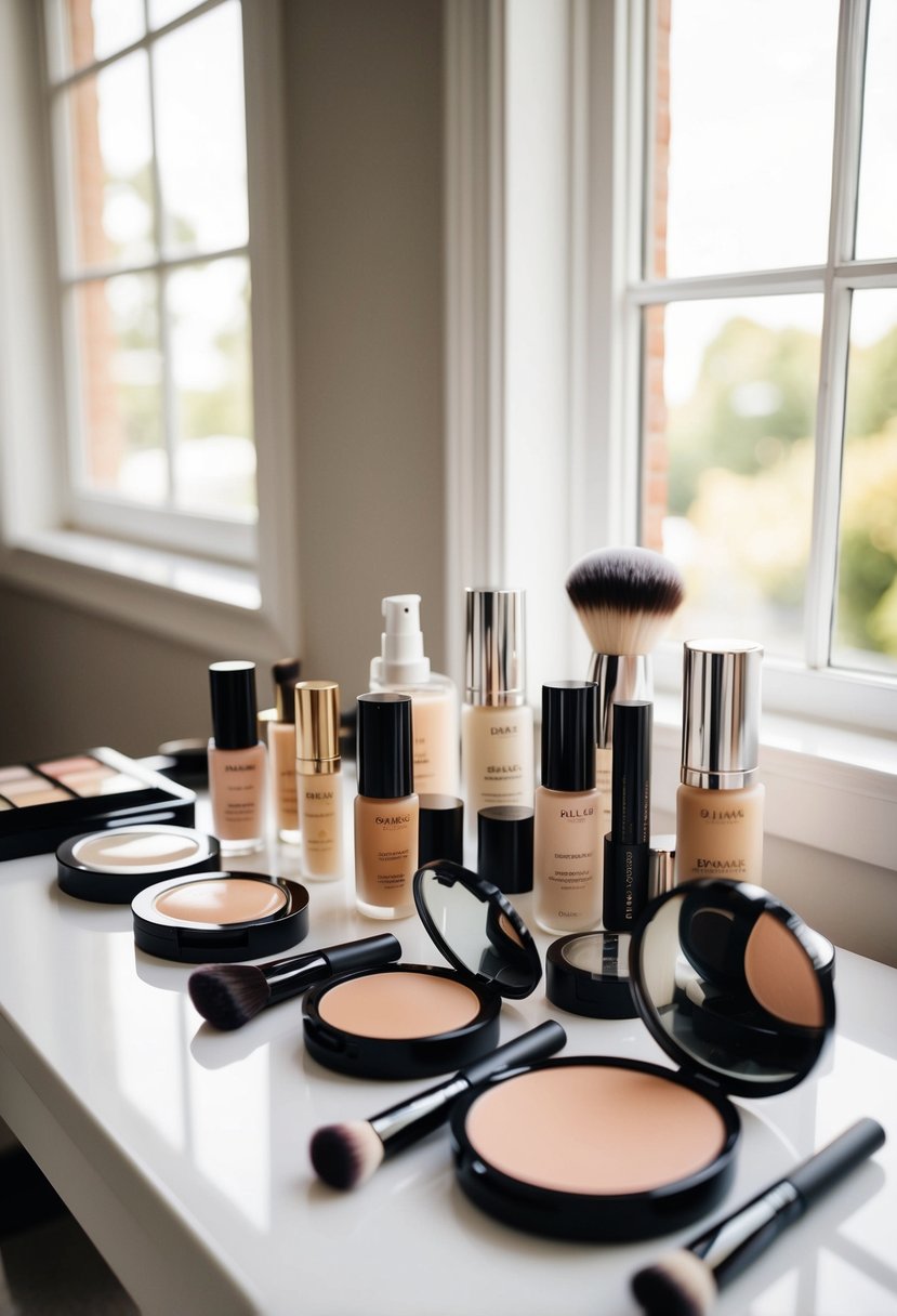 A bride's makeup table with a selection of lightweight foundations and makeup products neatly arranged, with soft natural lighting streaming in from a nearby window