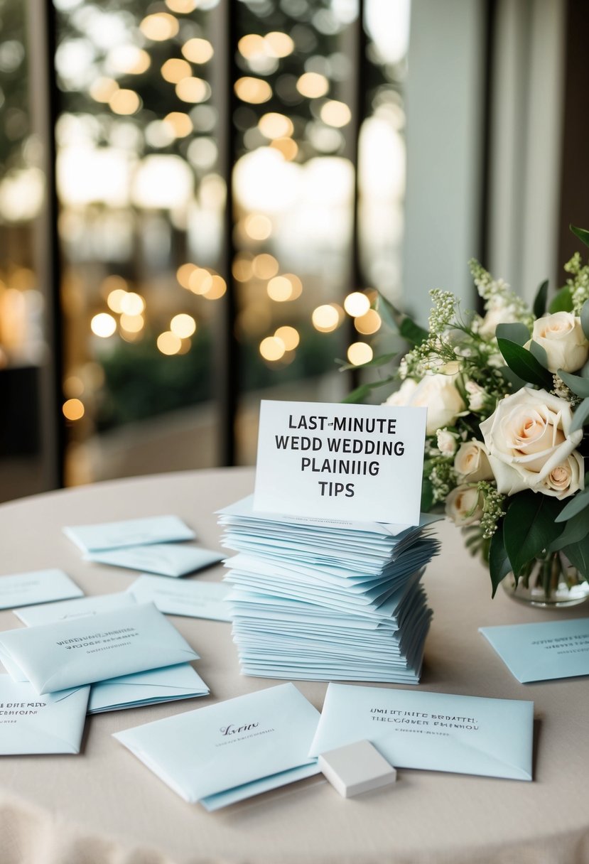 A table with various wedding vendor tip envelopes and a stack of last-minute wedding planning tips