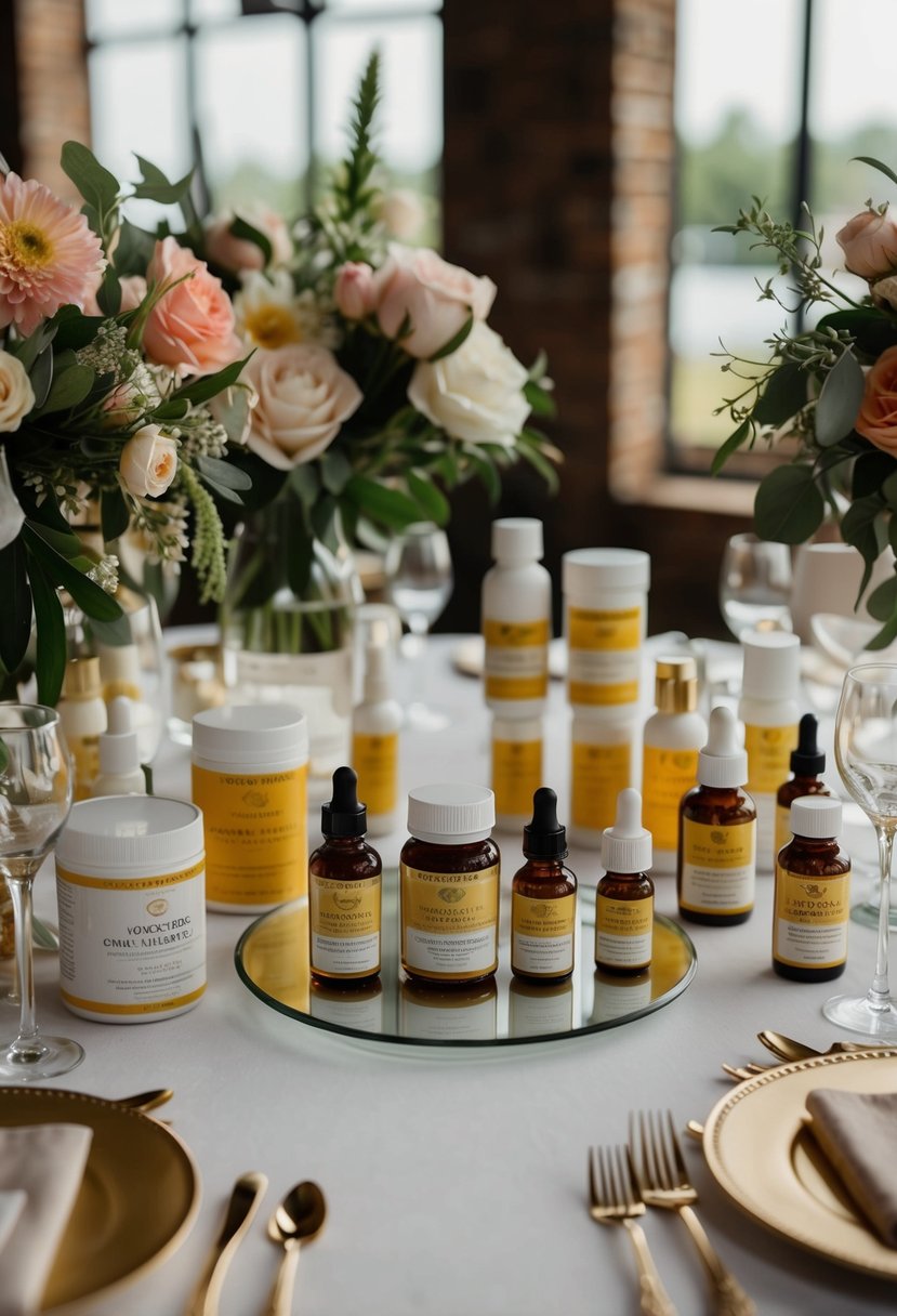 A table set with various vitamin supplements and skincare products, surrounded by flowers and wedding accessories