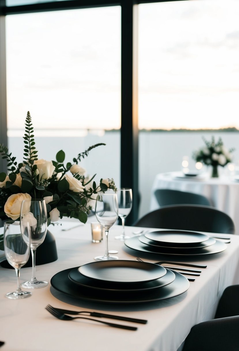 A modern, minimalist wedding table setting with sleek, monochromatic decor and clean lines