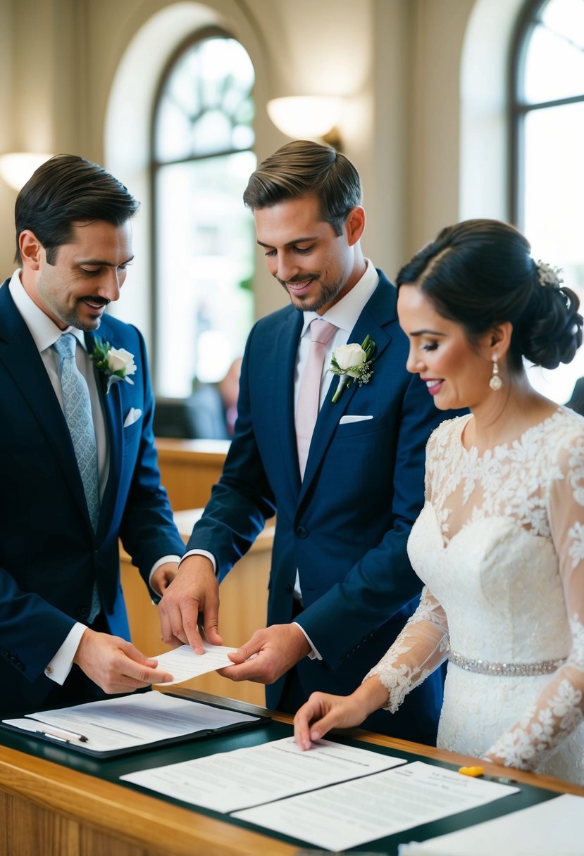 A couple standing at a city hall counter, filling out paperwork for a marriage license. The clerk assists them as they hurriedly plan their last-minute wedding