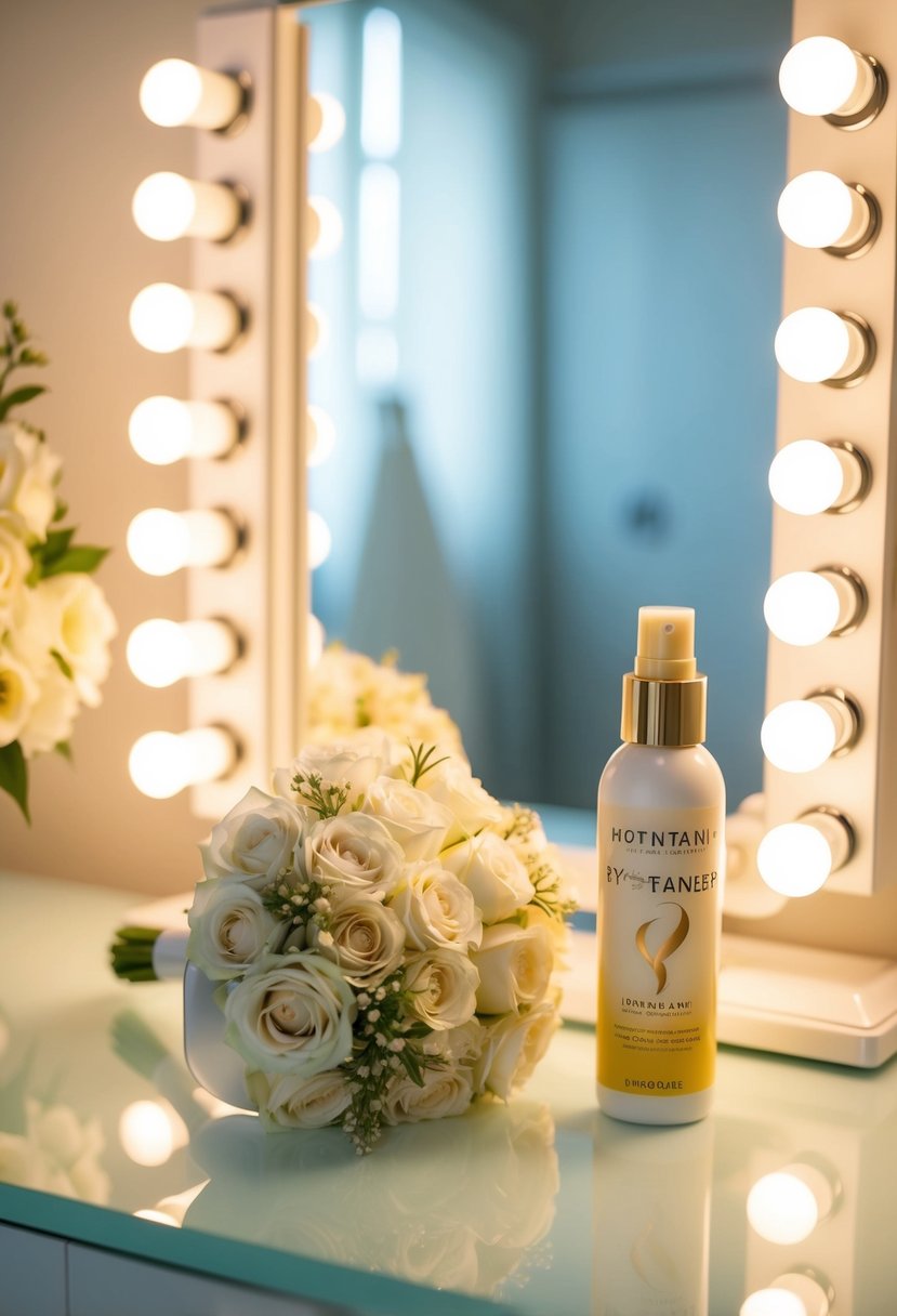 A soft, glowing light bathes a bridal bouquet and a bottle of self-tanner on a vanity table, creating a serene and elegant atmosphere