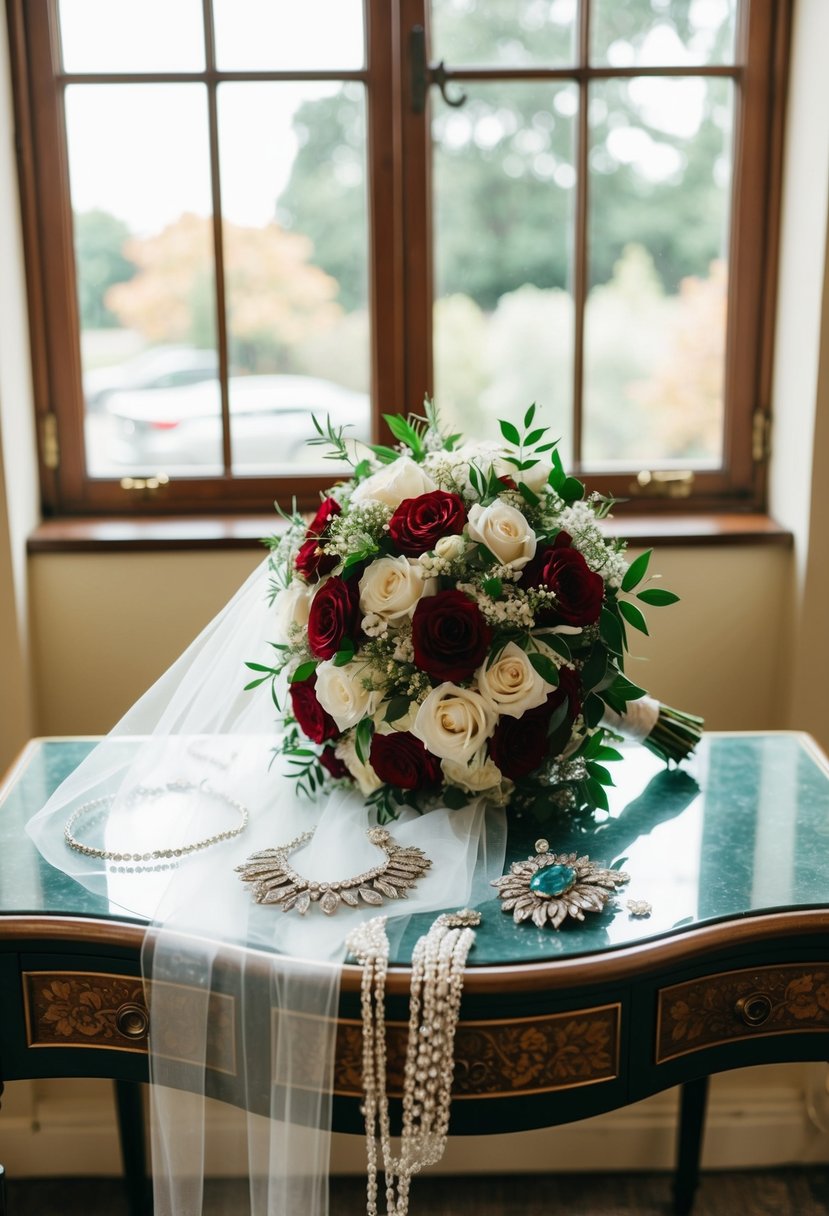 A bridal bouquet, veil, and statement jewelry laid out on a vintage dressing table