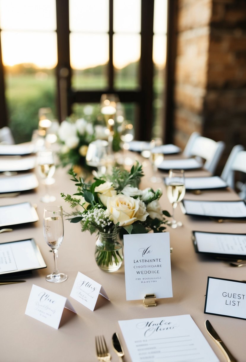 A table with place cards, seating chart, and guest list laid out for last-minute wedding planning