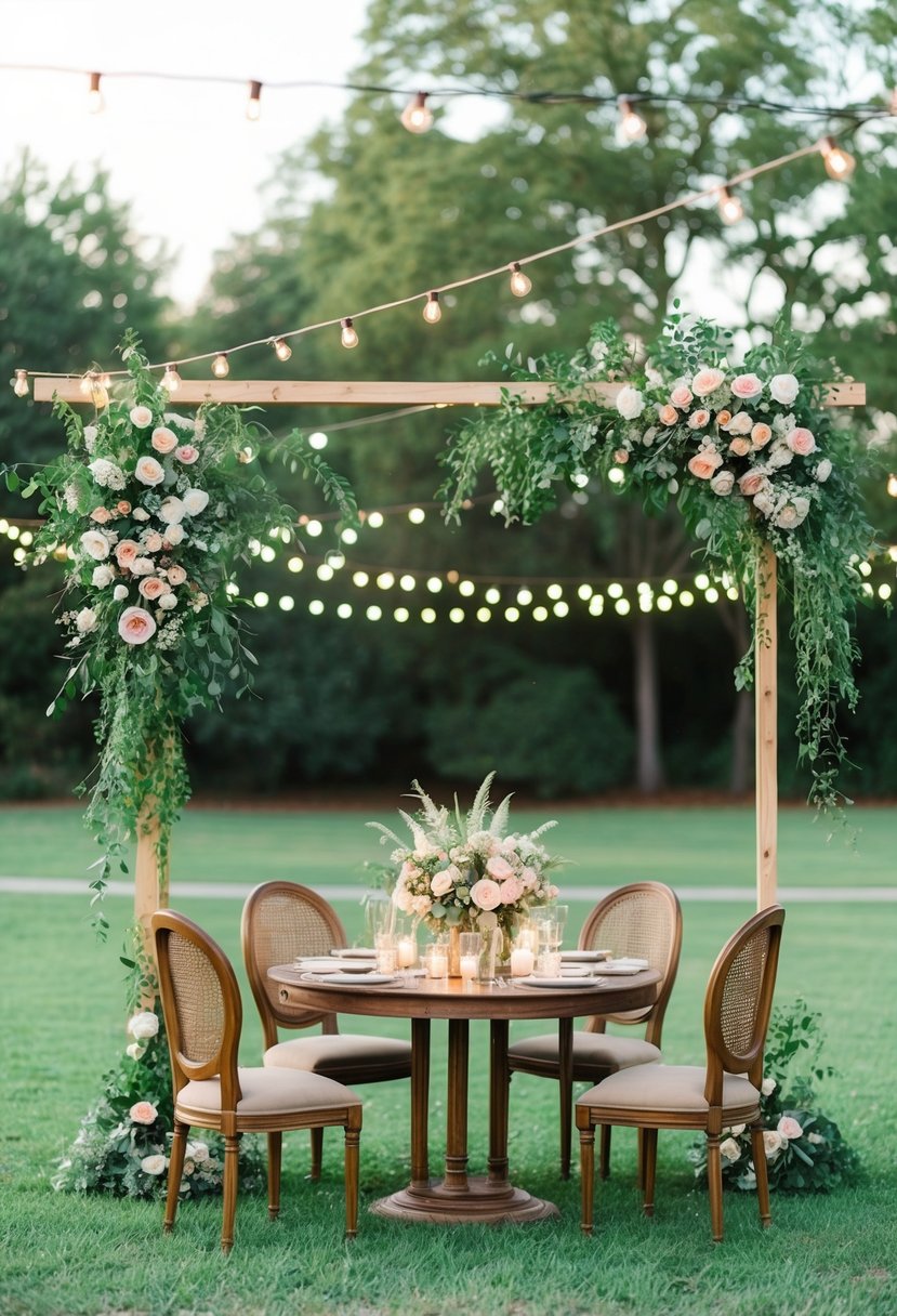 A romantic outdoor wedding with a bohemian theme, featuring lush floral arrangements, vintage furniture, and twinkling string lights