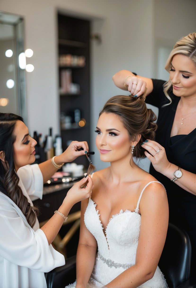 A bride-to-be sits in a chair as a makeup artist applies a natural look. A hairstylist works on her hair, creating an elegant updo