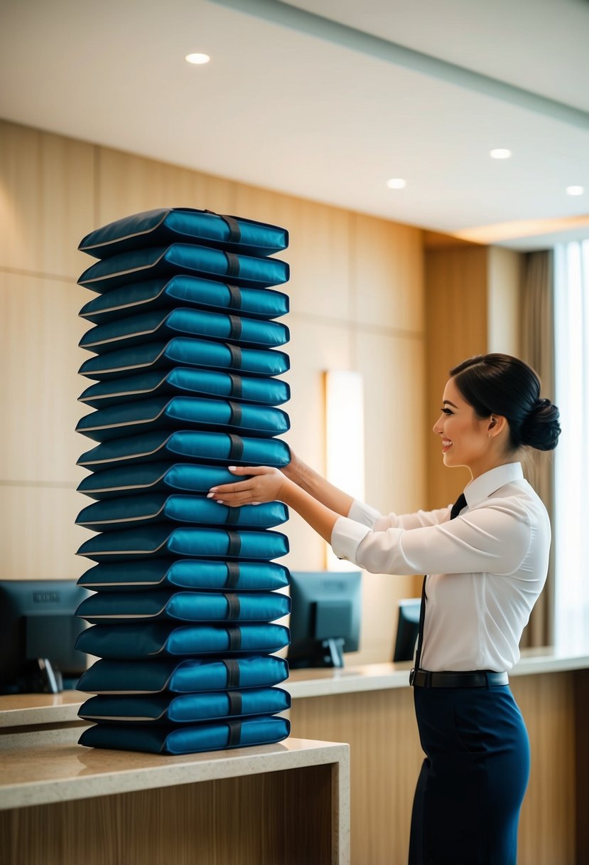 A stack of welcome bags being handed to a hotel receptionist