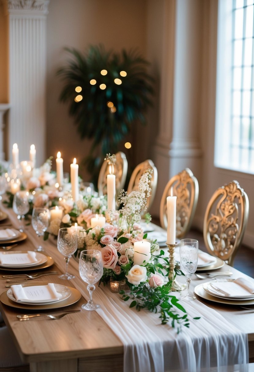 A table set with elegant place settings, delicate floral arrangements, and sparkling candlelight. A flowing table runner and ornate chair decor complete the romantic wedding styling