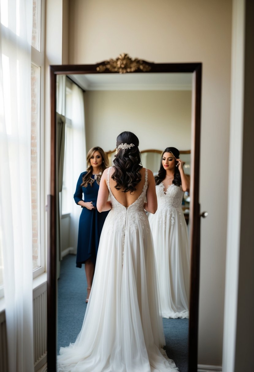 A bride in a flowing gown stands in front of a mirror, trying on different hairstyles to find the perfect one for her wedding day