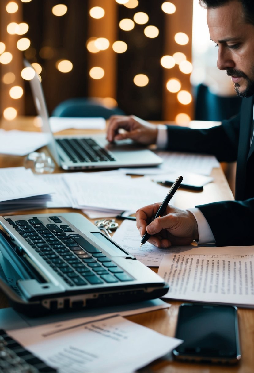 A DJ or band hastily scribbles down a last-minute wedding planning playlist, surrounded by scattered papers and a laptop