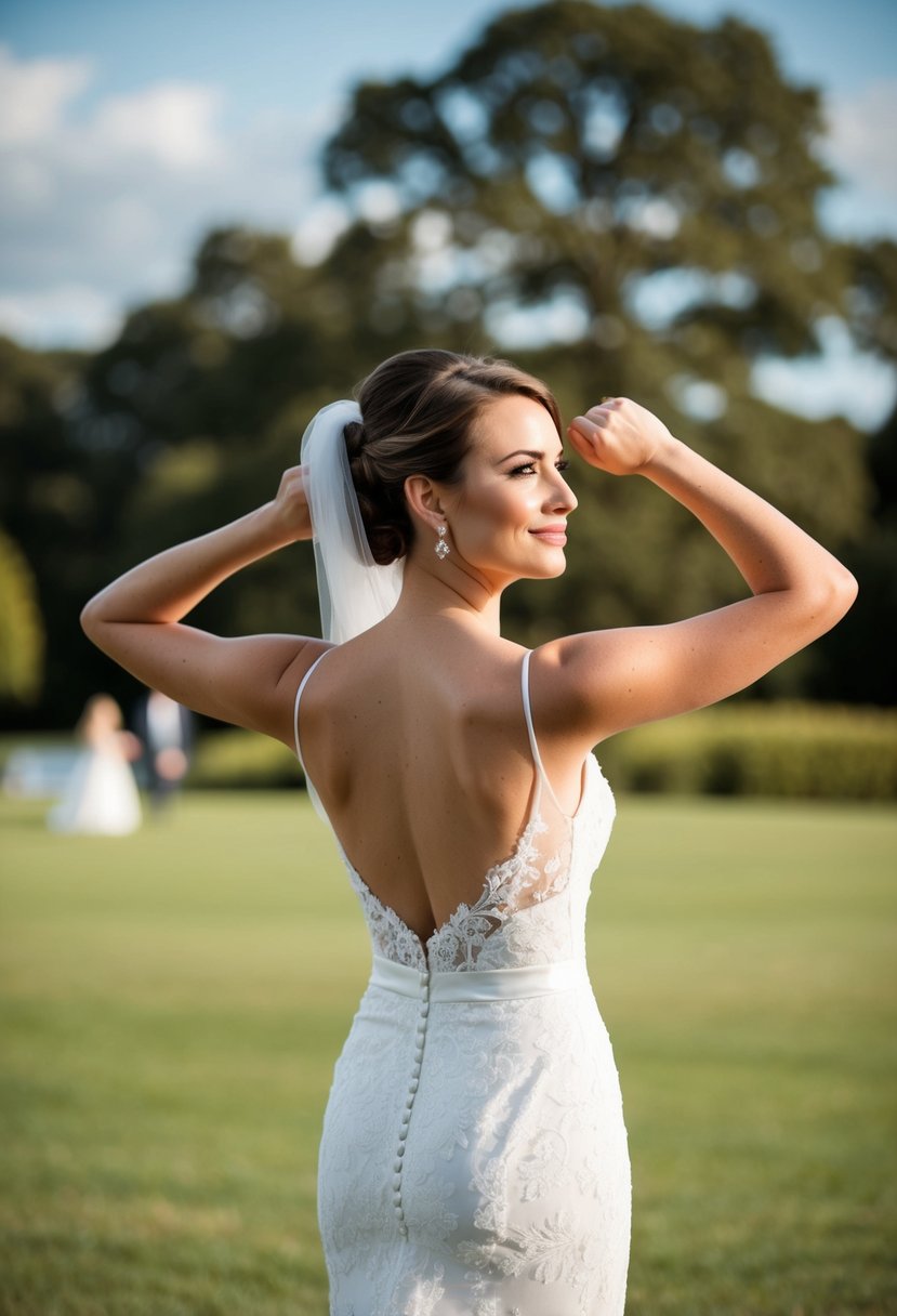 A bride standing tall with shoulders back, head held high, and a relaxed but confident expression on her face