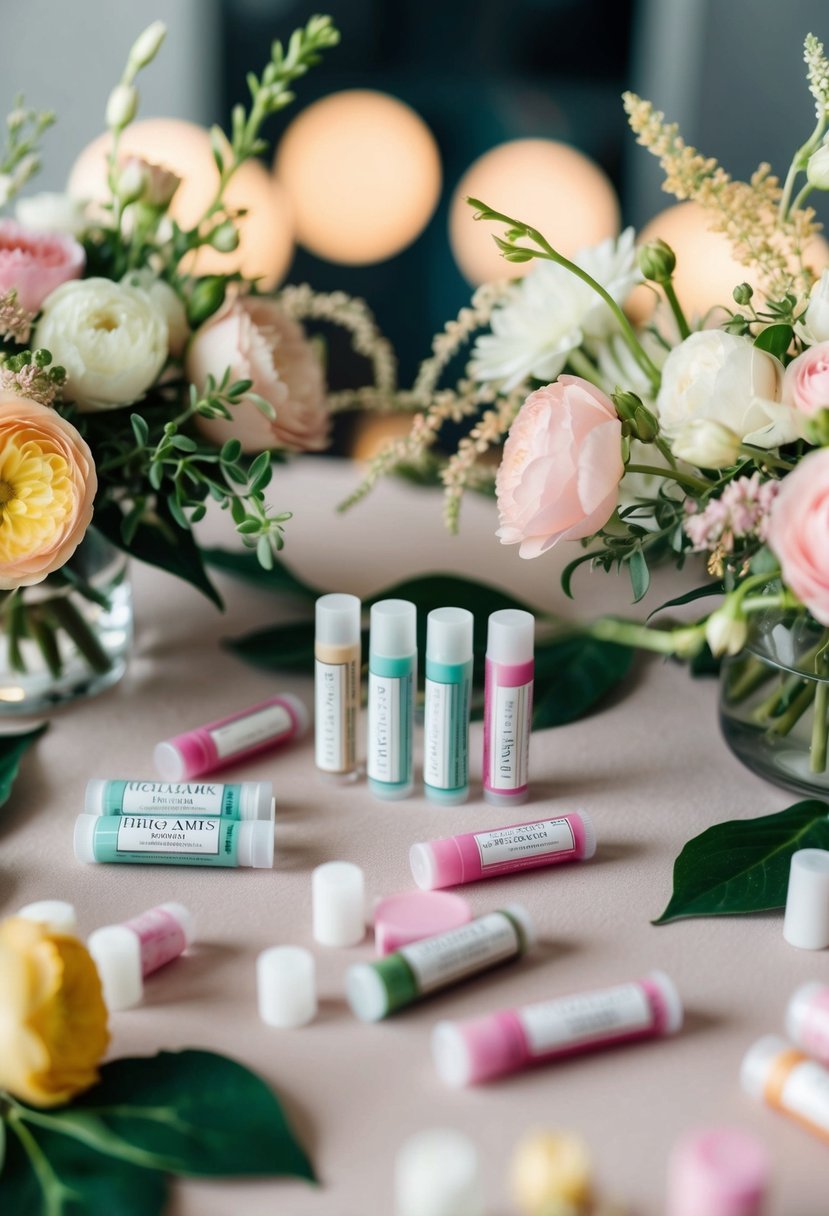 A table adorned with various hydrating lip balms, surrounded by delicate floral arrangements and soft lighting