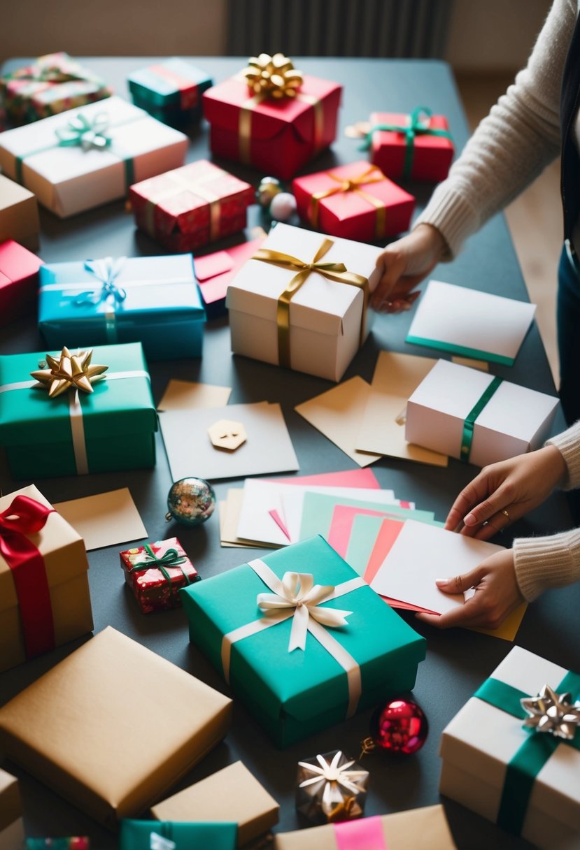 A table scattered with gift boxes, cards, and wrapping supplies, with someone arranging them in a hurry