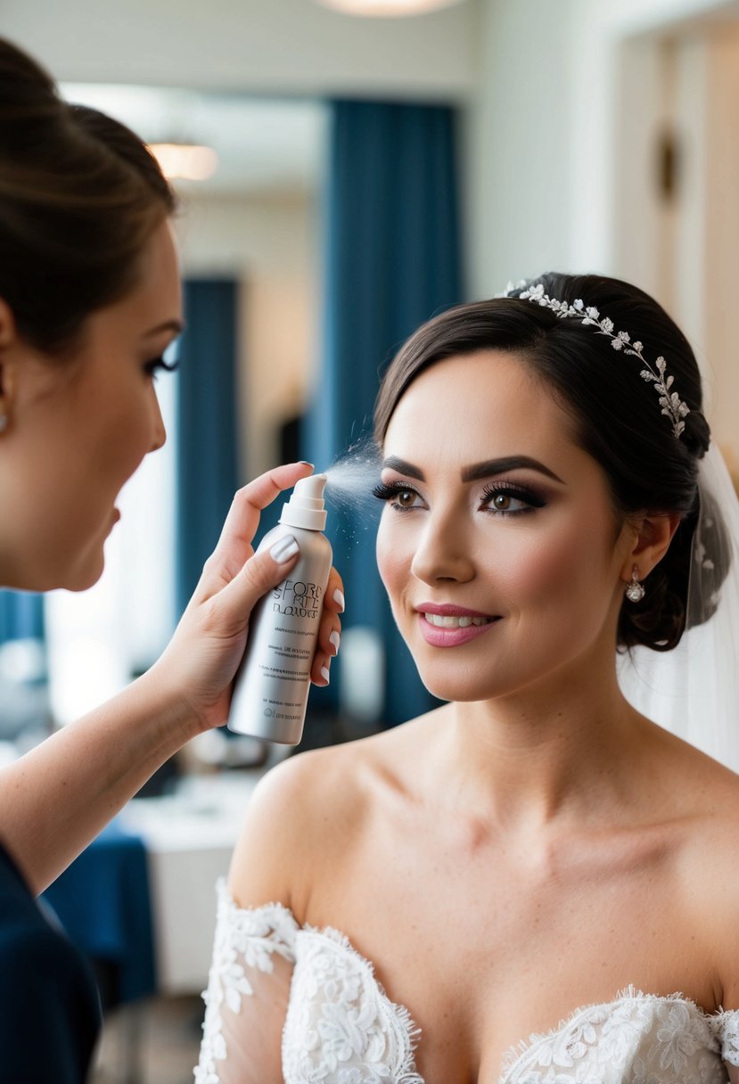 A bride sprays setting spray over her finished makeup, ensuring it stays in place for her wedding day